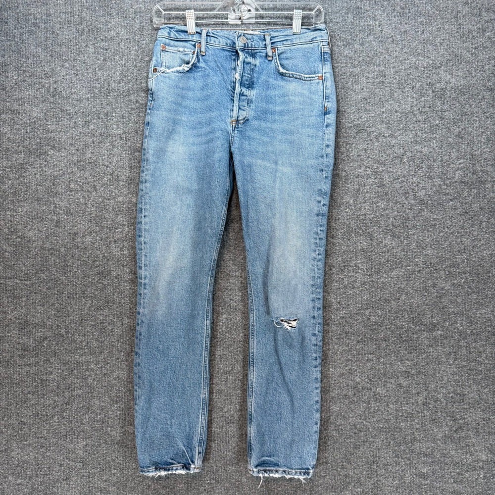 Agolde Jeans Womens 26 Blue Riley Long High Rise Straight Button‎ Fly Distressed